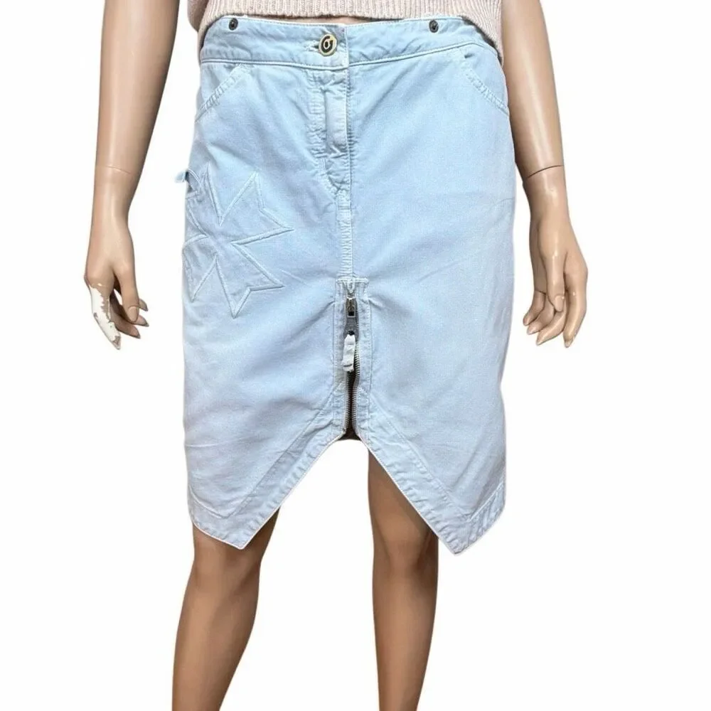 Fake London Genius Light Blue Cotton Zip Front Midi Skirt Vintage Style Boho Pun